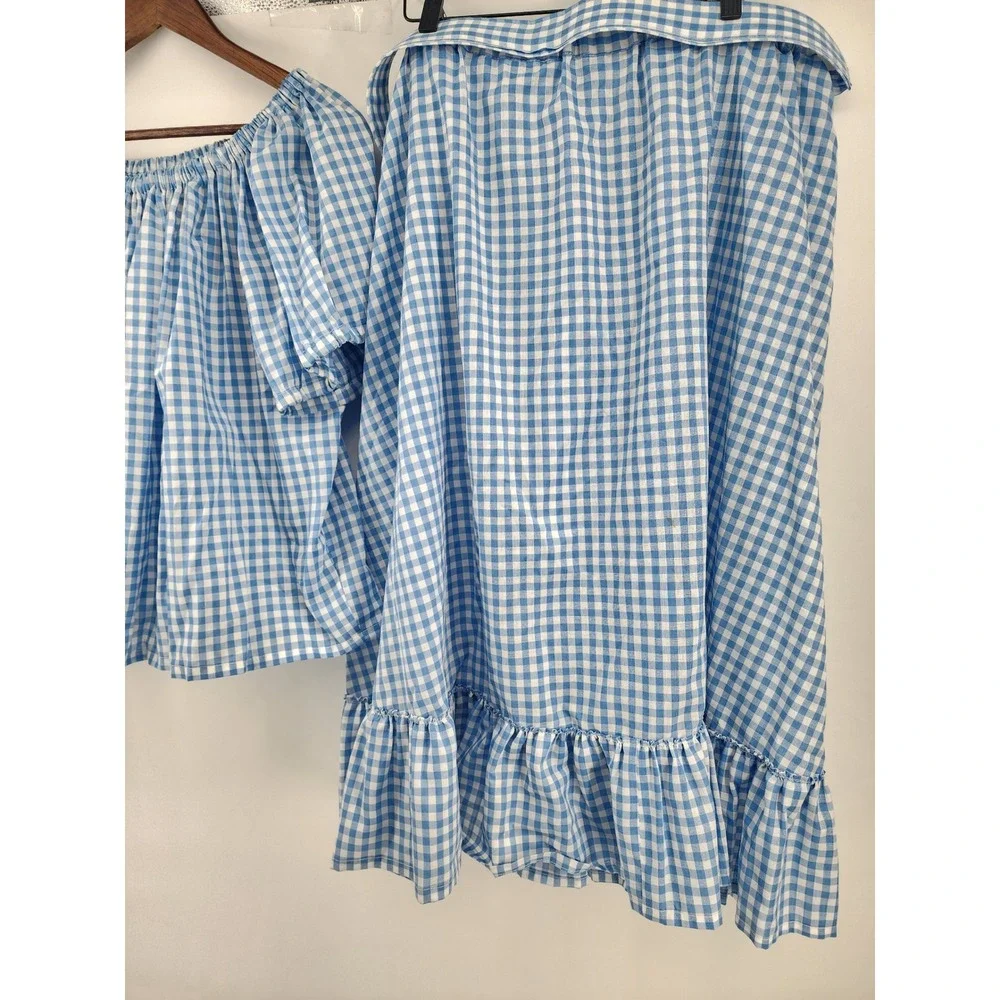 Blue Gingham 2x Vintage Two Piece Set Off‎ Shoulder Top and Ruffle Midi Skirt